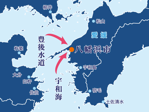 宇和海、豊後水道、四国愛媛県八幡浜市の地図